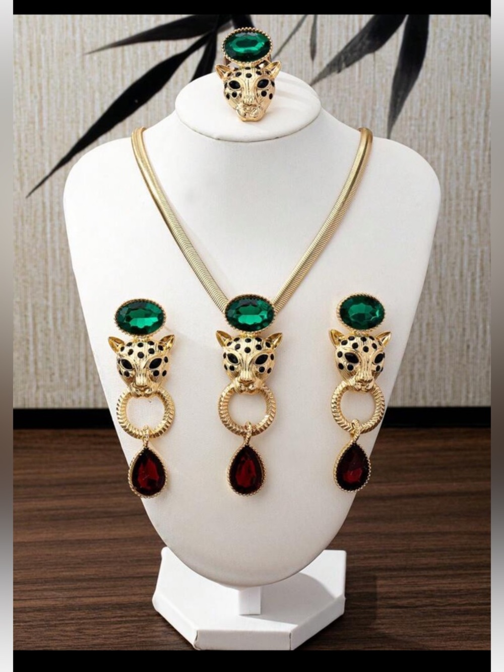 Gold Leopard Necklace, Earrings, and Ring Set New with Flaw (missing ruby drop)